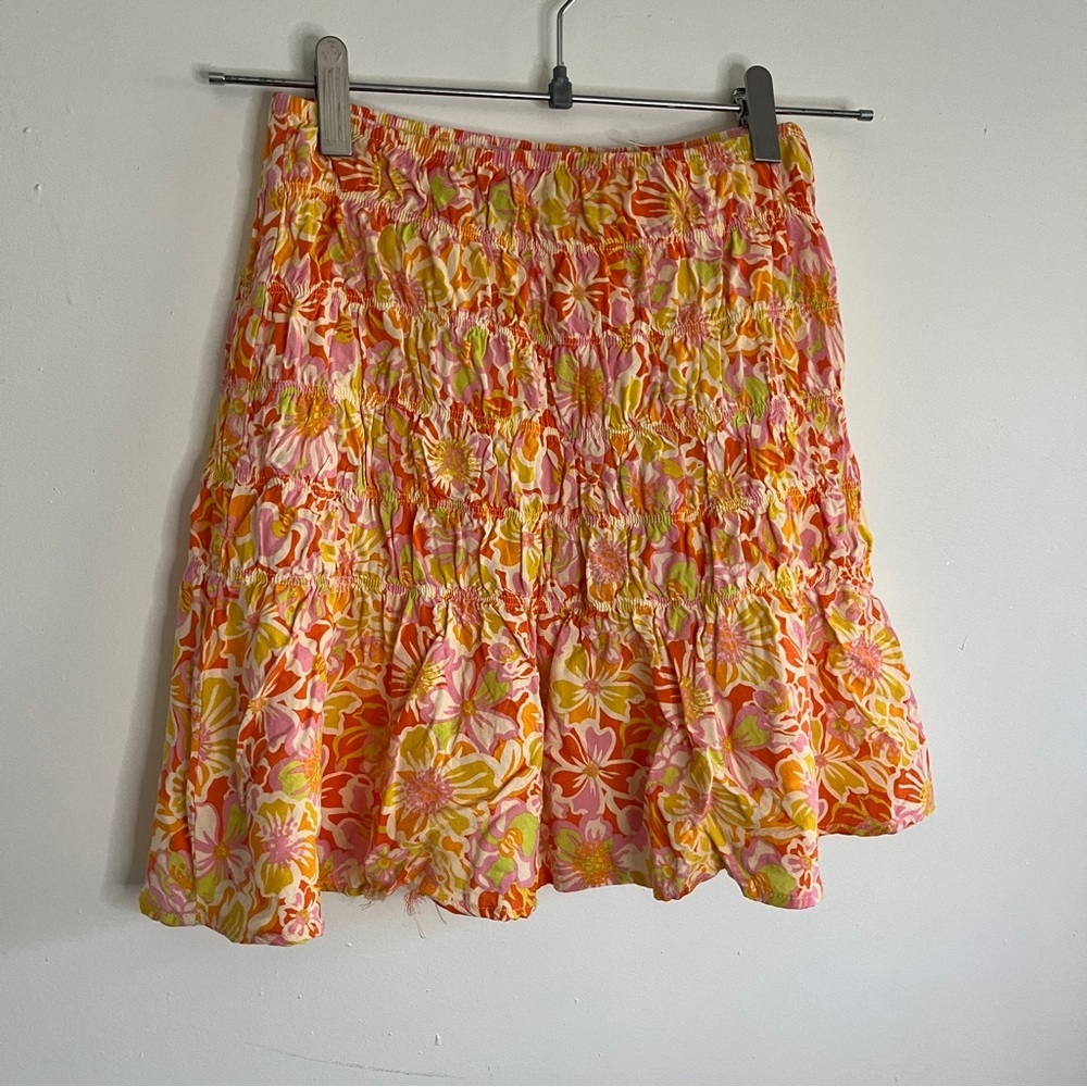 Rhythm Orange Colorful Retro Tiered Floral Ruffle Lightweight Mini Skirt